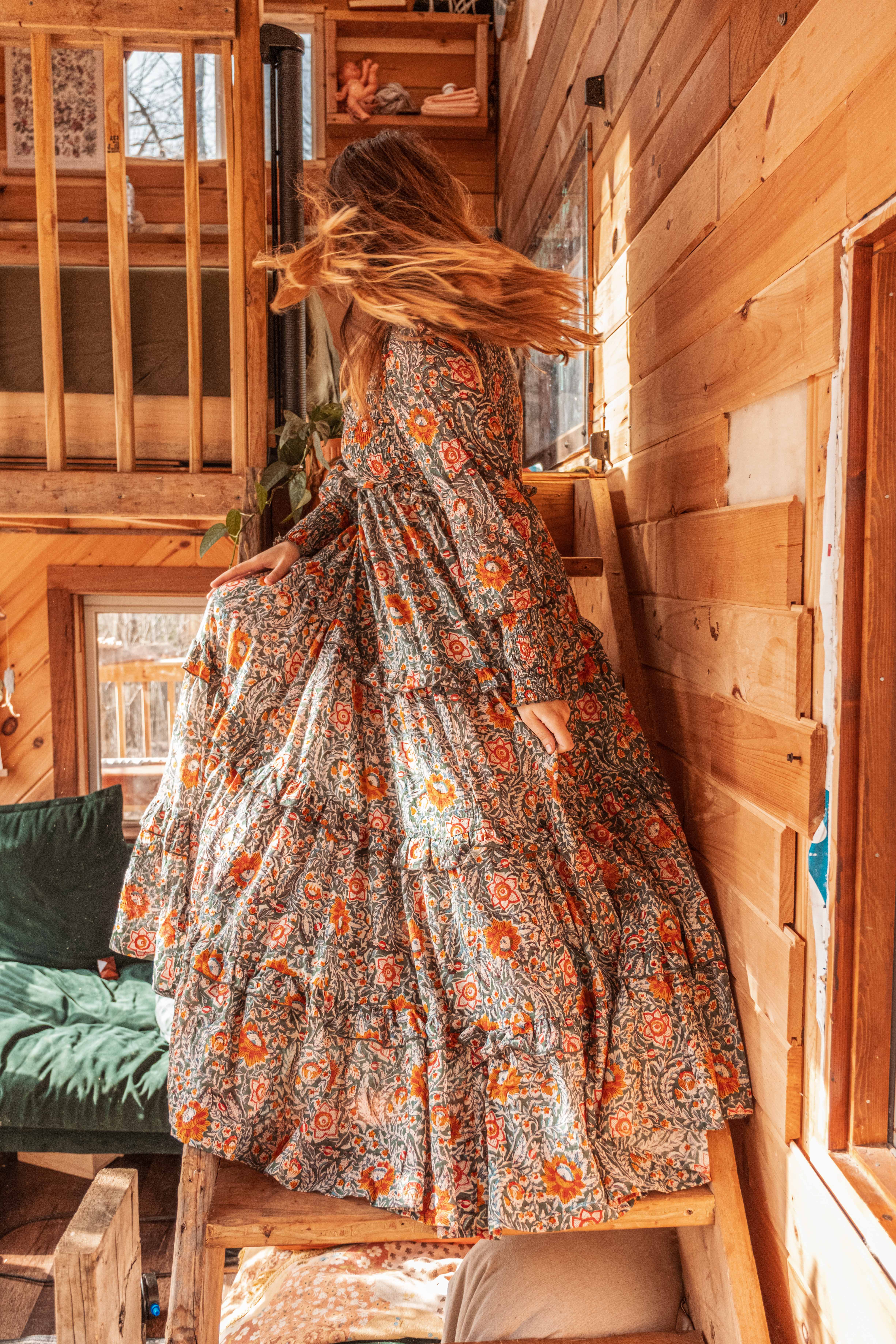 Gardenbelle Shop - Vente Robe – femme - Robe longue imprimée en blocs de coton biologique, robe florale EMILIA1