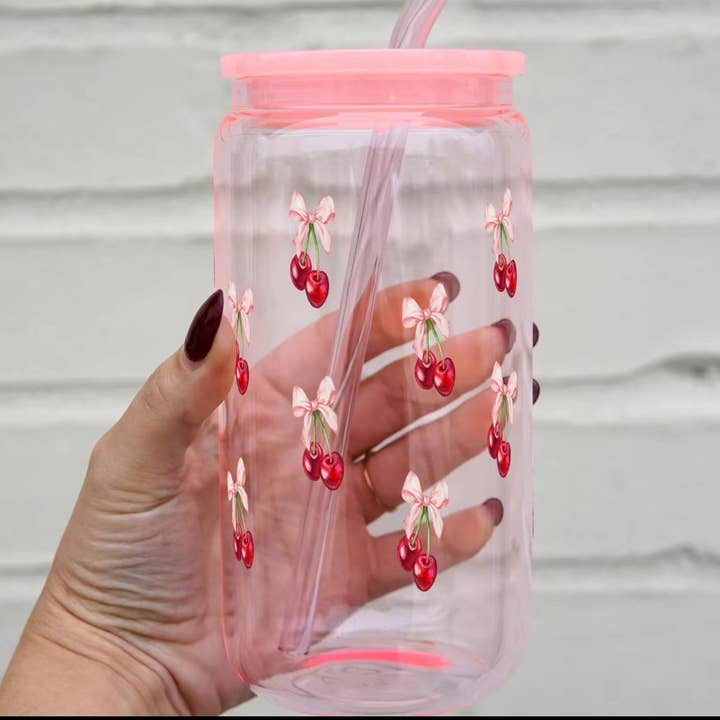 Sip-Sip Hooray! - Wholesale Drinking Glass/Cup - Vintage Cherry Bows 16oz Glass Can Cup With Lid and Straw