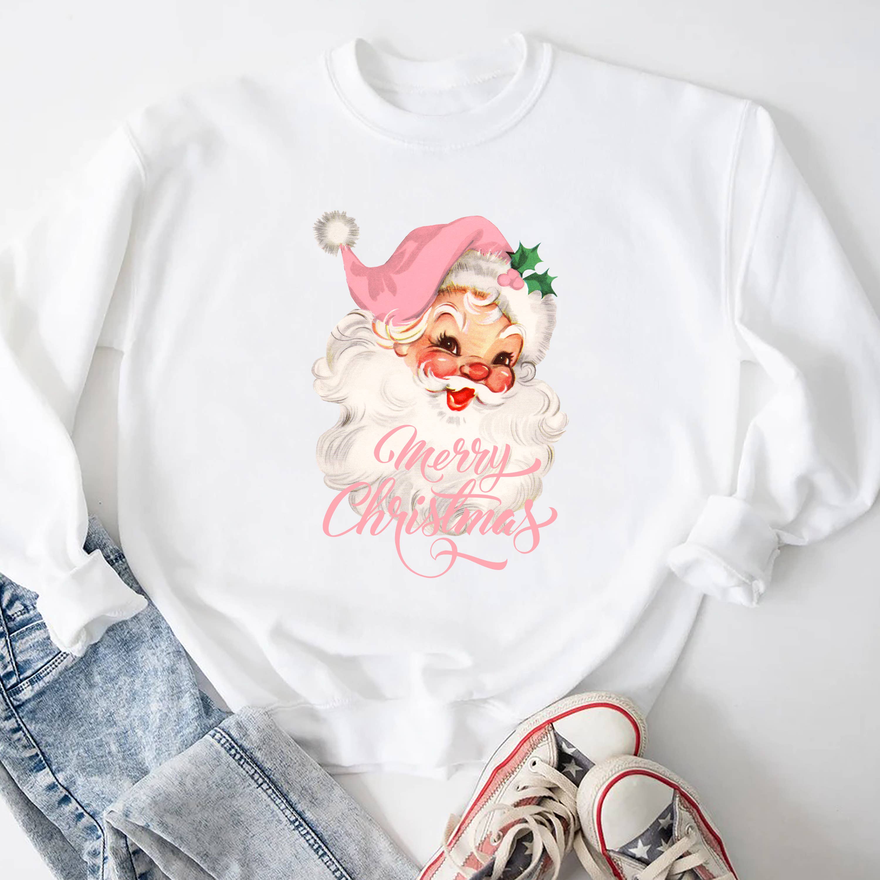 STARCHIS – Großhandel Sweatshirt mit Grafikdruck – Damen – Frohe Weihnachten Vintage-Weihnachtsmann rosa2