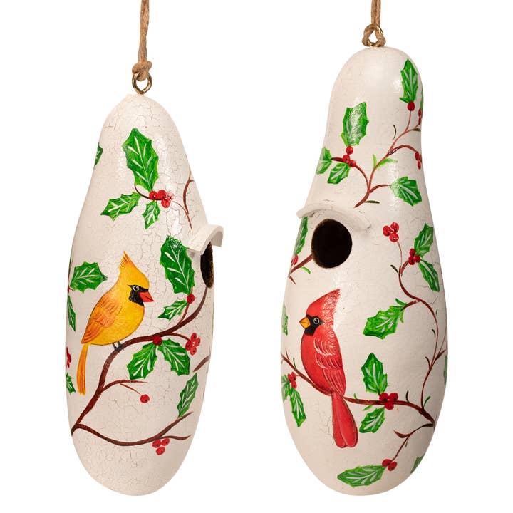 Pareja de Cardenales de Invierno - Casa de Pájaros de Calabaza Pintada - Casa de Pájaros para Aves Pequeñas - Regalo de Comercio Justo - Decoración de Jardín para venta al por mayor de Lucuma Designs