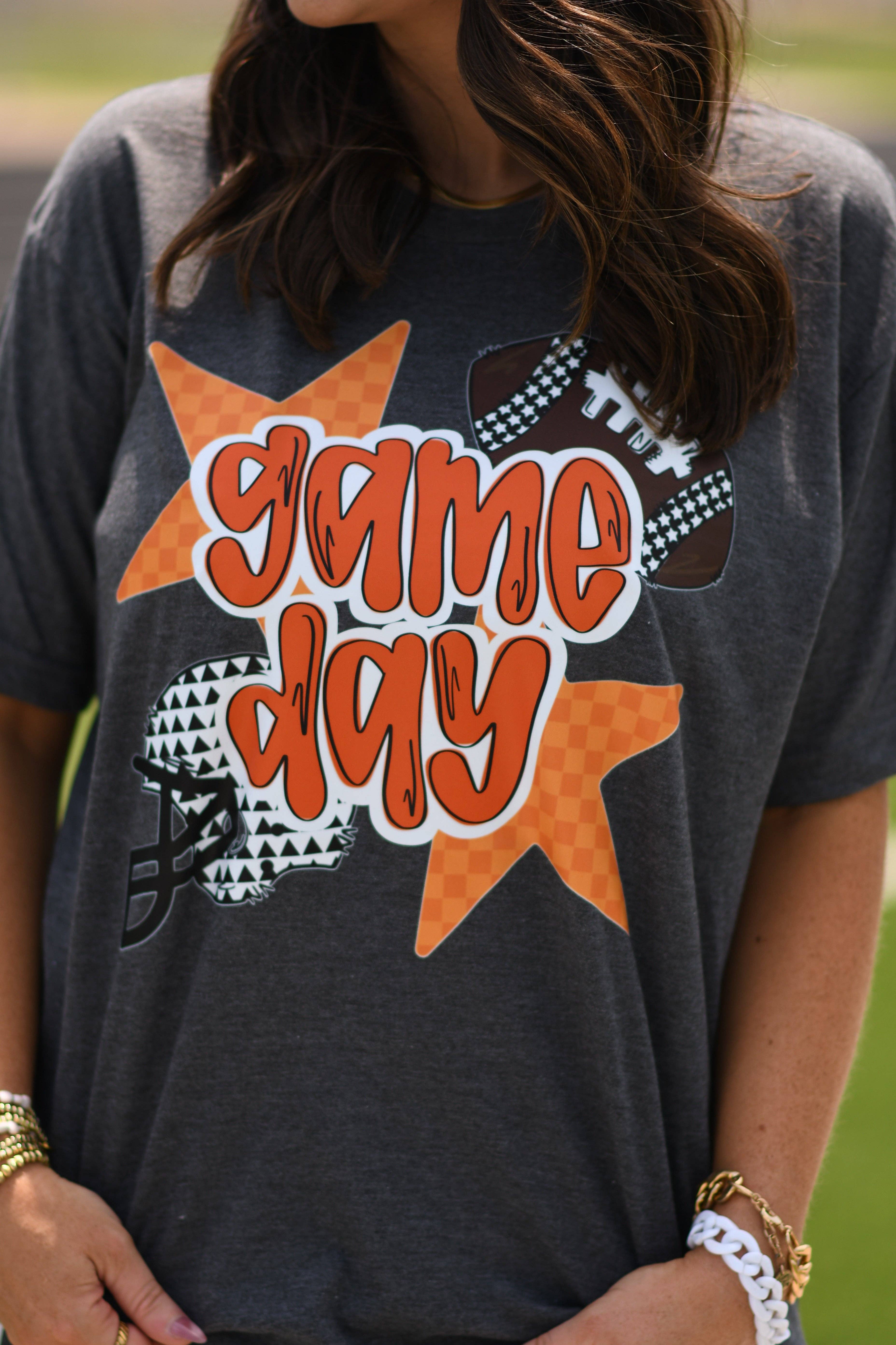 Heather Charcoal Orange Game Day Checkered Stars Tee for wholesale on Faire3