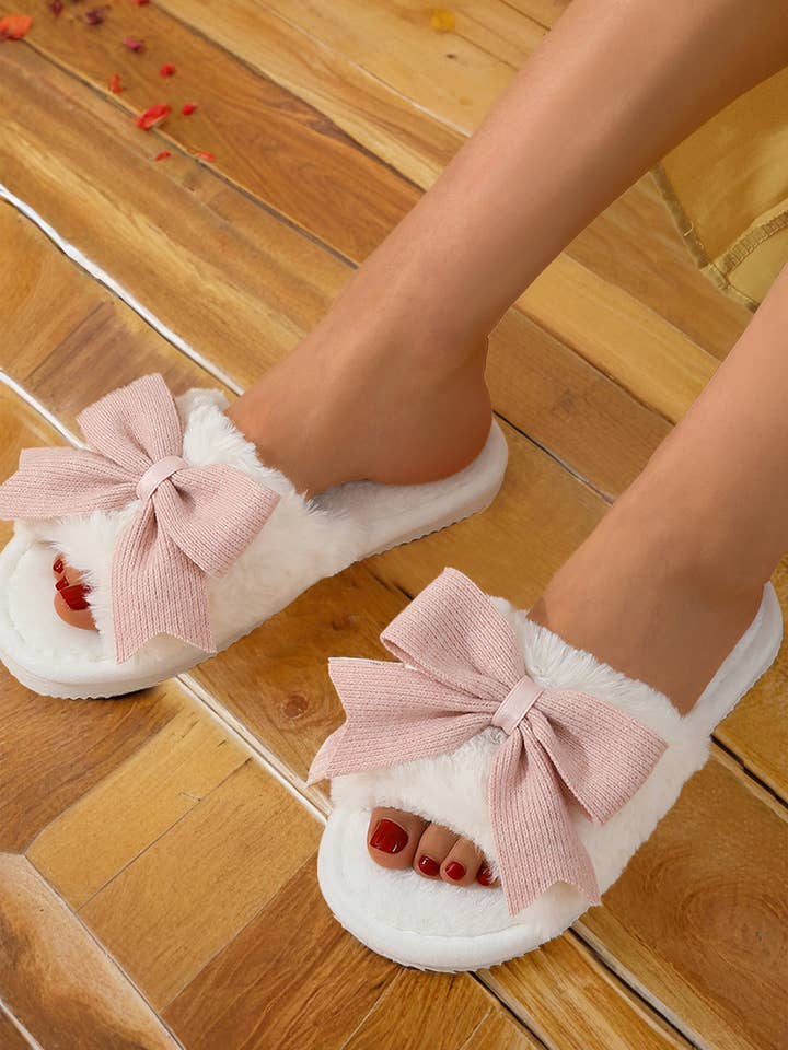 White Bow Knot Decor Open Toe Plush Slippers for wholesale on Faire