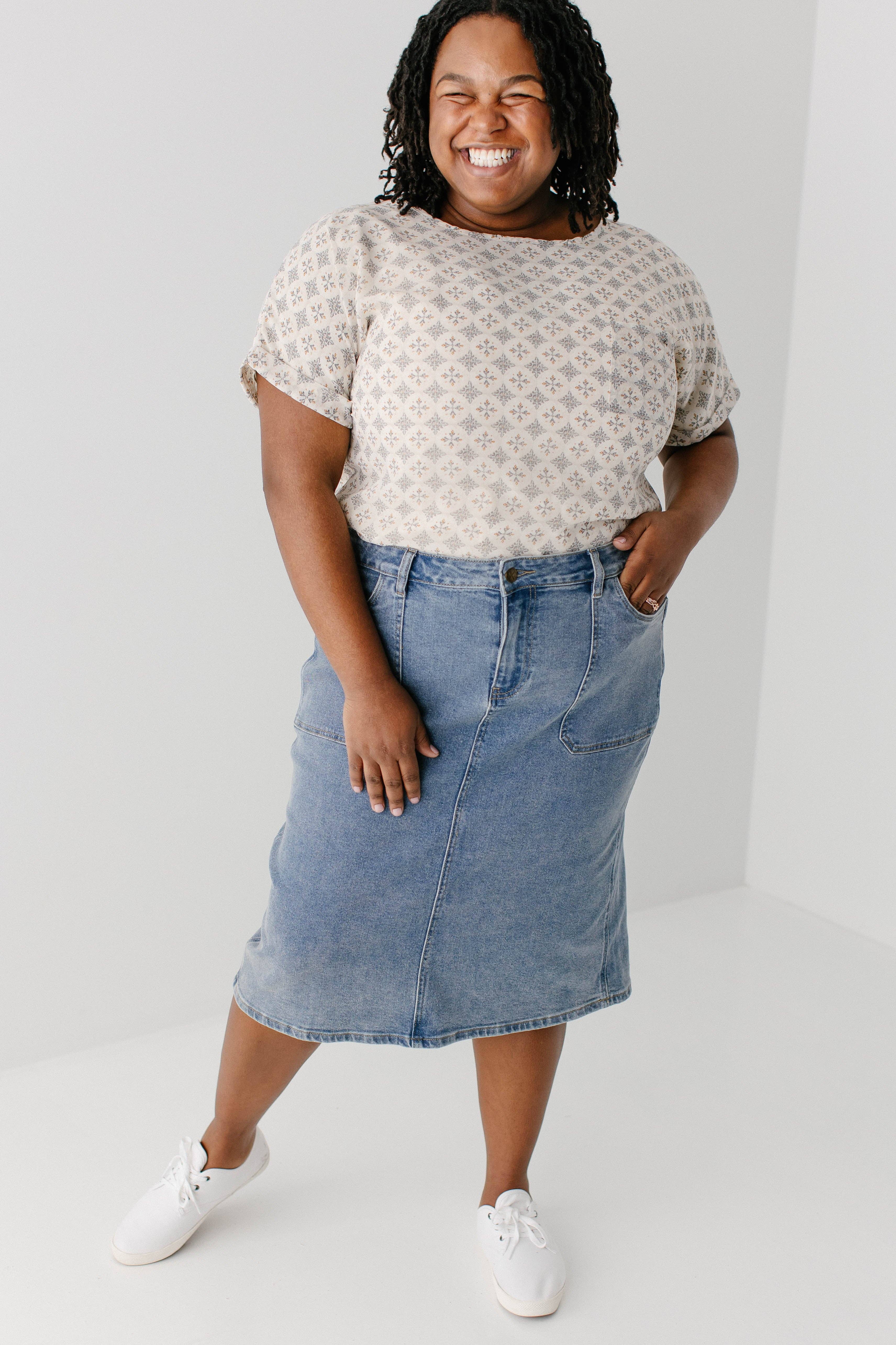 Vintage-Waschung 'Sonya' Jeansrock mit aufgesetzten Taschen und Stretch für den Großhandel auf Faire1