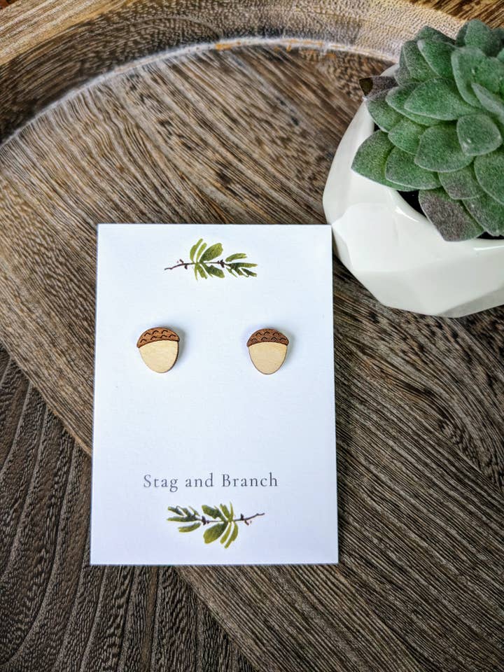 Acorn Earrings | Wood Laser Cut Stud Earrings | Nature Earri for wholesale by Stag and Branch