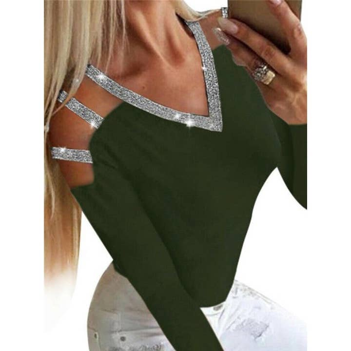 Mirazshoes WholeSale - Wholesale Blouse - Women's - Women's Sequin Embellished V-Neck Long-Sleeved Top Off-Shoulder T-Shirt1