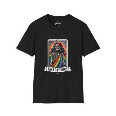 Kennidi Co. – T-shirt estampada - Unissexo por atacado – Aquela Camiseta Unissexo Orgulho Tarot Esqueleto Gay Bitch8