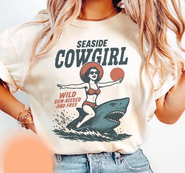 DLT Ecommerce - Wholesale T-Shirt (Graphic) - Unisex - Retro Cowgirl Summer Shirt, Seaside Beach Cowgirl Shirt