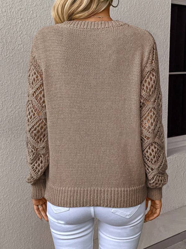 Miss Sparkling - Wholesale Knit Sweater - Women's - Women's Casual V-Neck Long Sleeve Hollow Knitted Sweater3