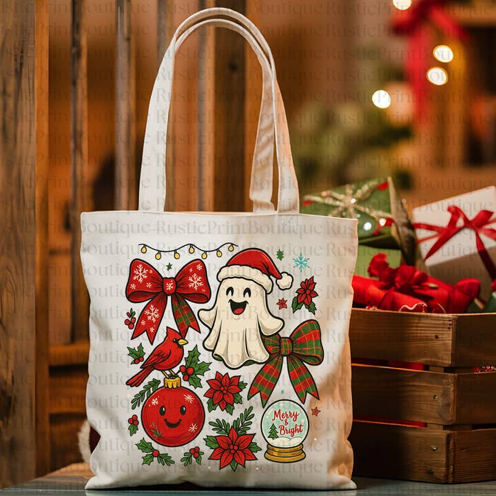 Christmas Tote Bag Vintage Christmas Ghost Merry & Bright for wholesale by RusticPrintStudio