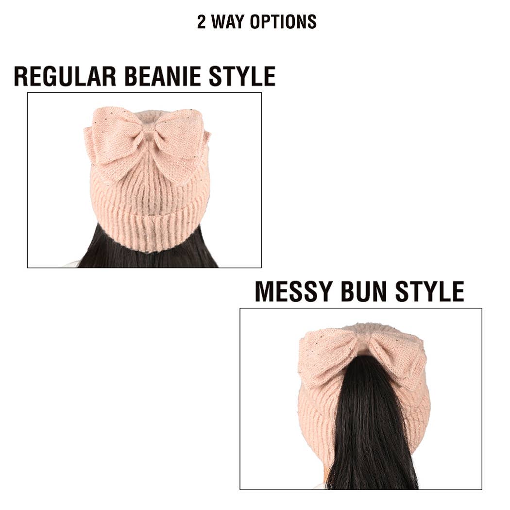 Fashion City – Engroshandel Beanie - Dame – Messy Bun Bow Beanie med pailletter5