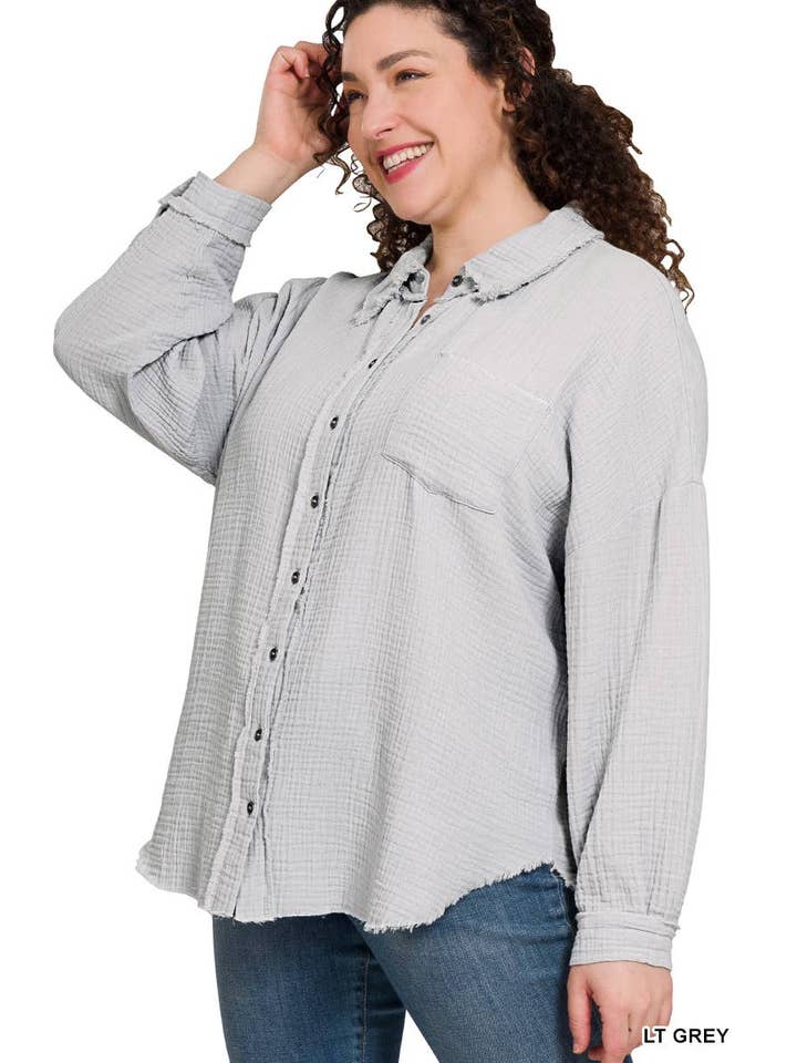 Vanilla Monkey - Wholesale Shirt - Women's - Plus Double Gauze Oversized Raw Edge Shirt