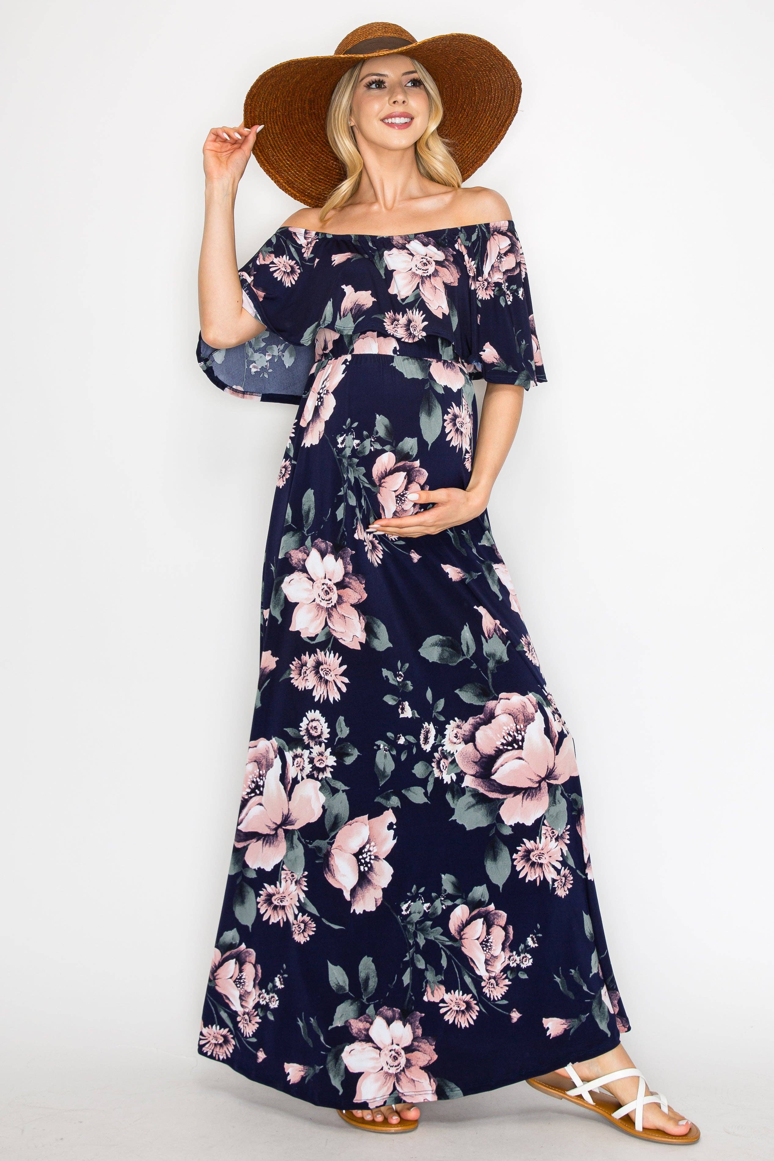 Navy Mauve Maureen Floral Off Shoulder Maxi Dress for wholesale on Faire1