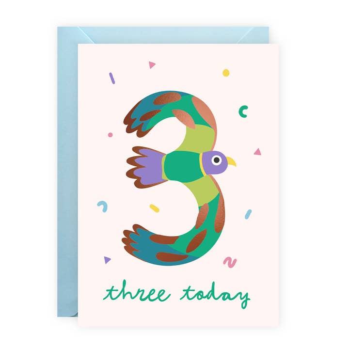 Foiled Unisex Third Birthday Card - Age 3 - Kids Parrot for wholesale by Painted Parasol Studio