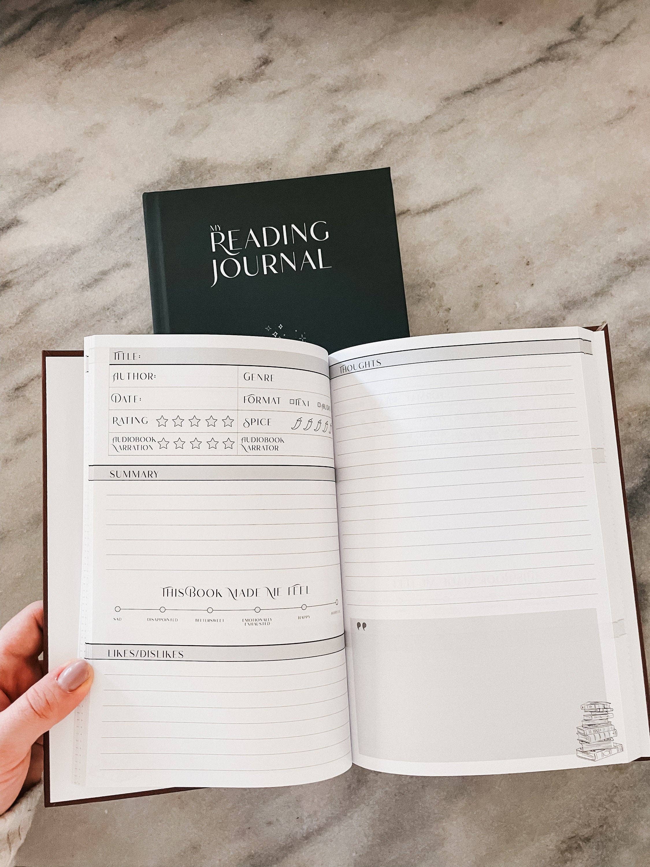 Midnight Readers Shop - Wholesale Dagboek/agenda - Hardcover leesdagboek met 2-pagina recensies, sterrenbeoordeling, pittigheid en vertelnotities – eenvoudig muffe omslag in donkerrood en groen2