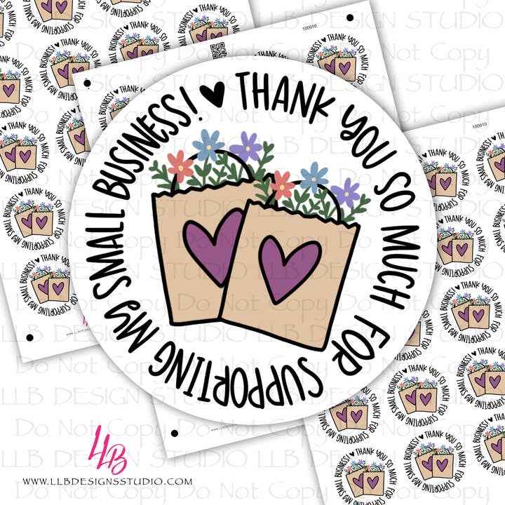 Thank You Floral Bags Round Sticker, Business Branding, Small Shop Stickers , Sticker #: S0607, Ready To Ship for wholesale by LLB Designs Studio