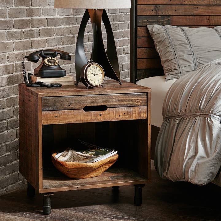 Olliix - Wholesale Bedroom Furniture - Industrial Wood Nighstand with Drawer and Storage, Dark