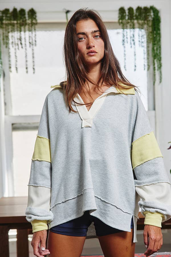 BUCKETLIST INC - Wholesale Tunic - Women's - T2004E French Terry Color-block Collared Loose Fit Top15