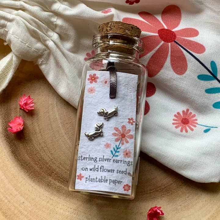 Ginger & Roo - Wholesale Stud/Post Earrings - Dachshund Sterling Silver Bottled Earrings With Cotton Bag 0