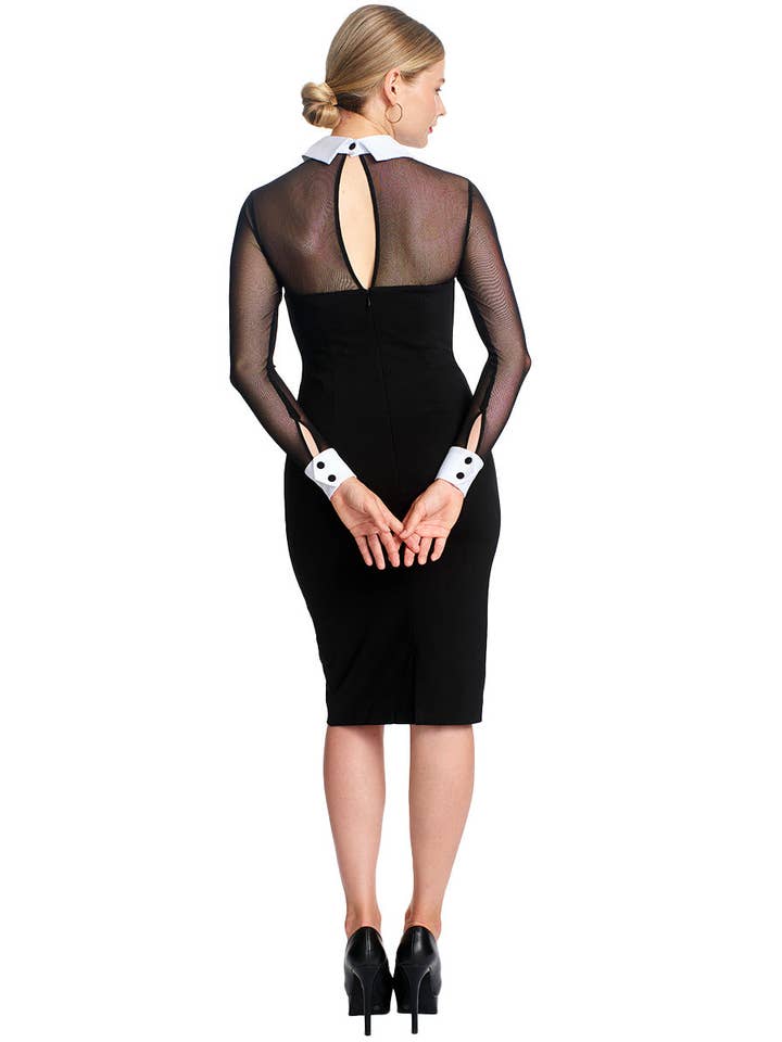 Tuxedo Illusion Dress - Black & white midi dress with mesh sleeves, contrast collar & cuffs for wholesale on Faire9