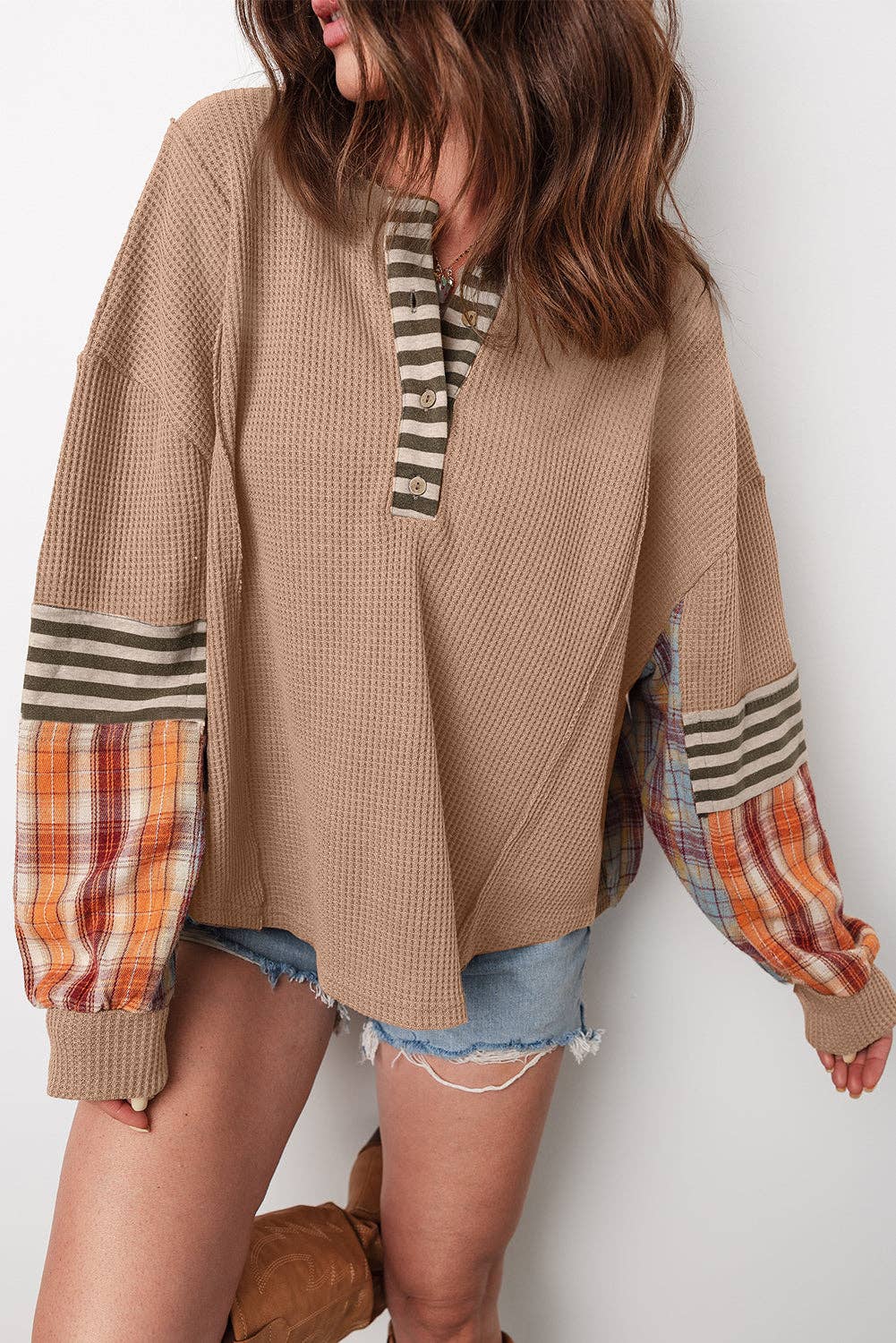 PRETTY BASH - Wholesale Knit Top - Women's - Stripe Plaid Patchwork Waffle Knit Henley Top7