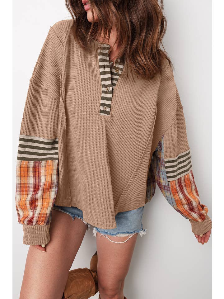 PRETTY BASH - Wholesale Knit Top - Women's - Stripe Plaid Patchwork Waffle Knit Henley Top7