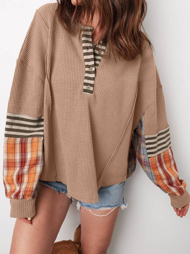 Aaliyah Waffle Stripe Plaid Patchwork Henley Knit Top for wholesale by Threaded Pear