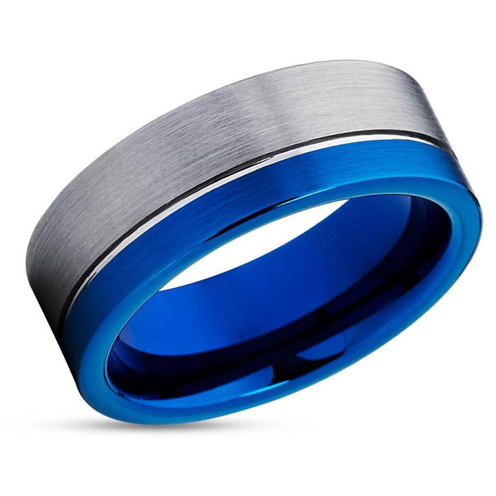 Blue Wedding Band - Gray Wedding Ring - 8mm Tungsten Ring - Tungsten Band for wholesale by Lucky Love Rings