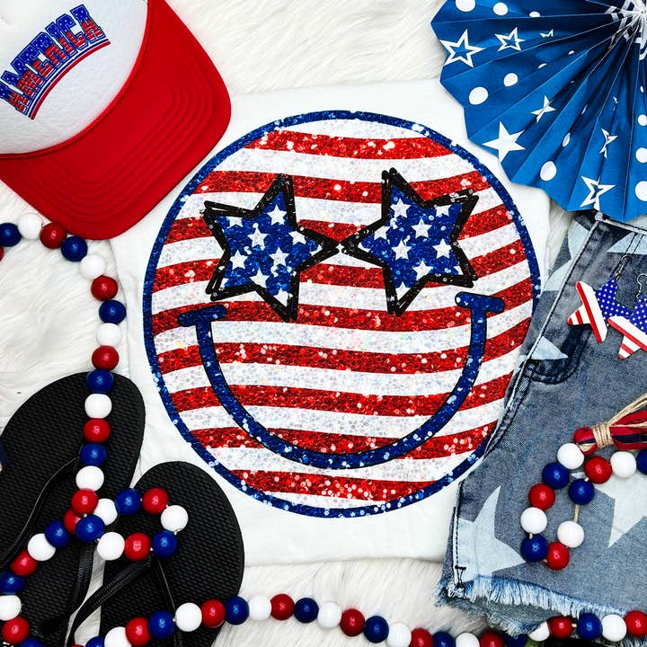 Faux Sequins Stars & Stripes Happy Face Tee for wholesale by Trendy Tee Co.