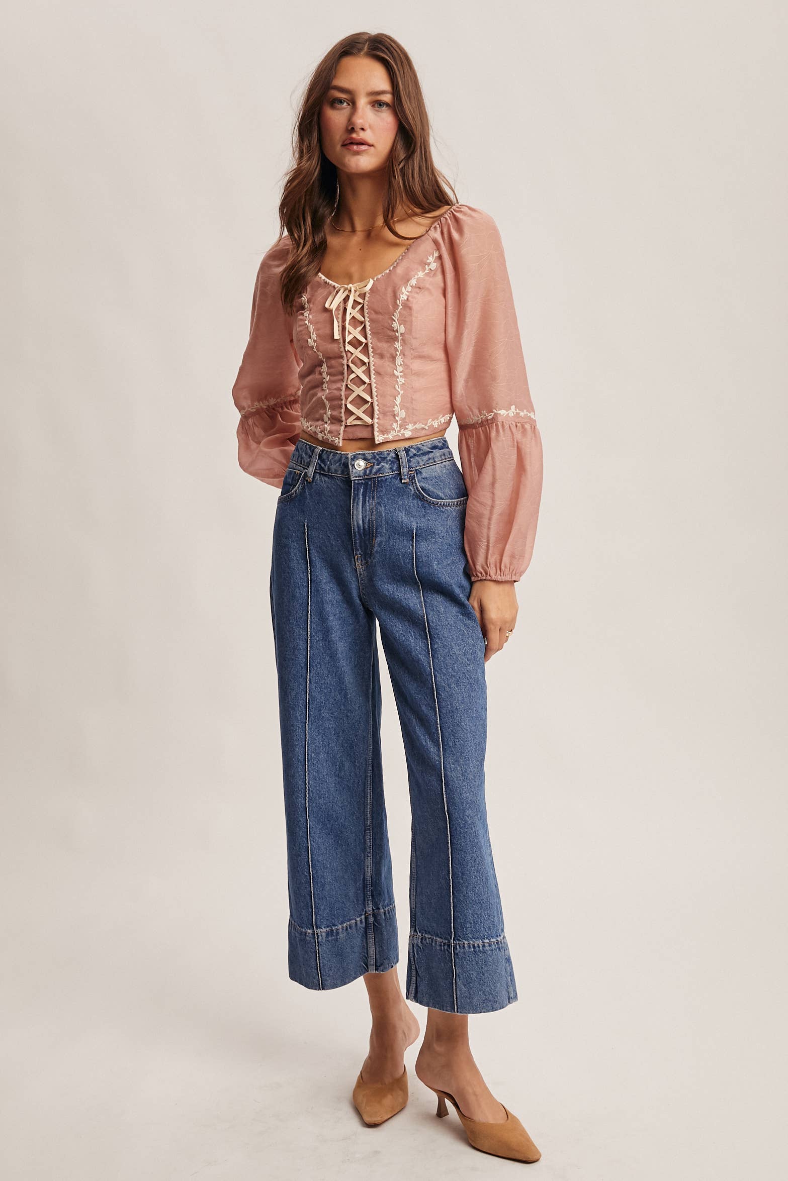 Forte - Wholesale Blouse - Women's - Lace-Up Embroidered Puff Sleeve Top FT0007 11