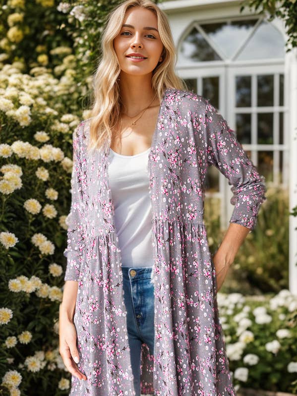 CHARCOAL SJ1082-17 FLORAL OPEN CARDIGAN WITH SHIRRING for wholesale on Faire0