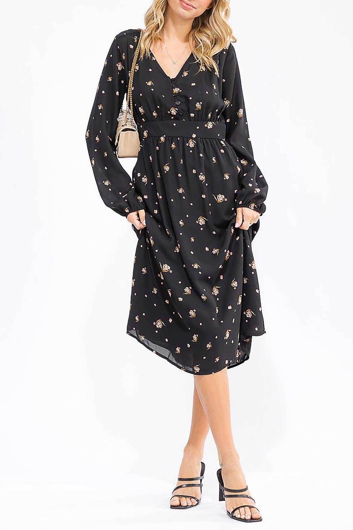 Black FLORAL PRINT V NECK BUTTON UP MIDI DRESS for wholesale on Faire