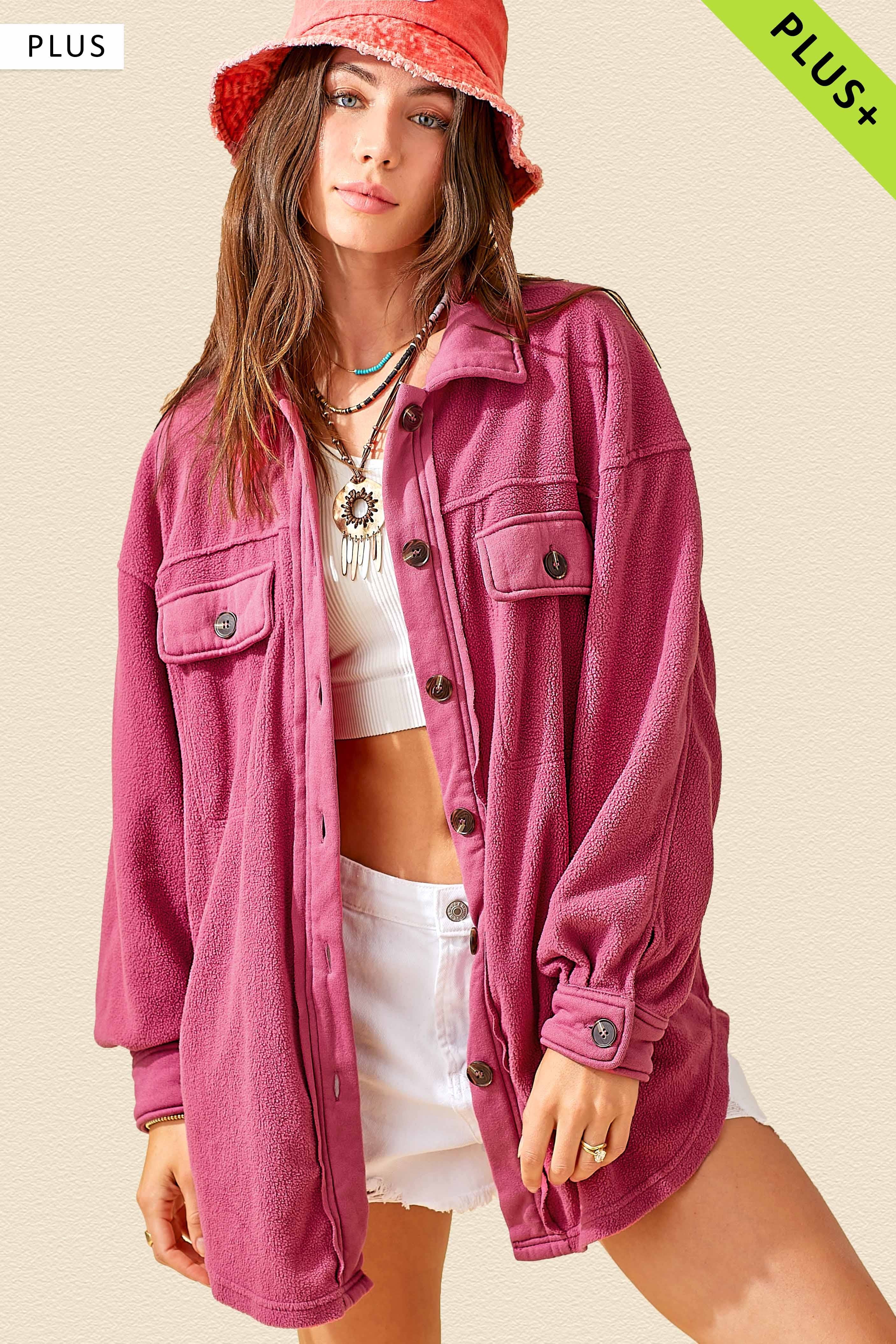 La Miel - Wholesale Shirt Jacket/Shacket - Women's - JKT1712P-Plus Size Loose Fit Button Down Fleece Shacket4