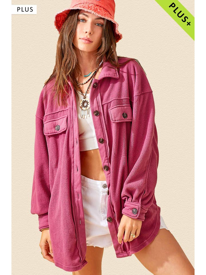 La Miel - Wholesale Shirt Jacket/Shacket - Women's - JKT1712P-Plus Size Loose Fit Button Down Fleece Shacket4