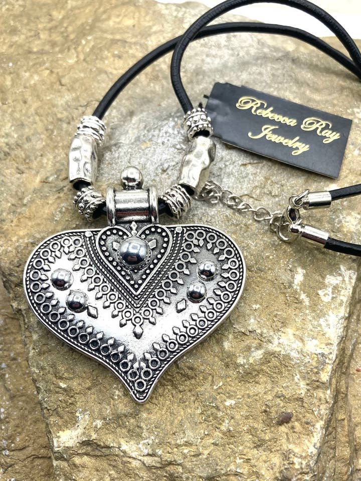 Boho Silver Heart Statement Necklace for wholesale by Rebecca Ray Jewelry