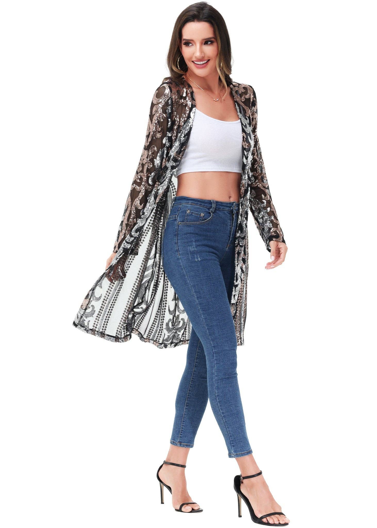 Anna Kaci Wholesale - Vente Kimono – femme - Cardigan à paillettes pour femmes à manches longues et ouvert sur le devant52