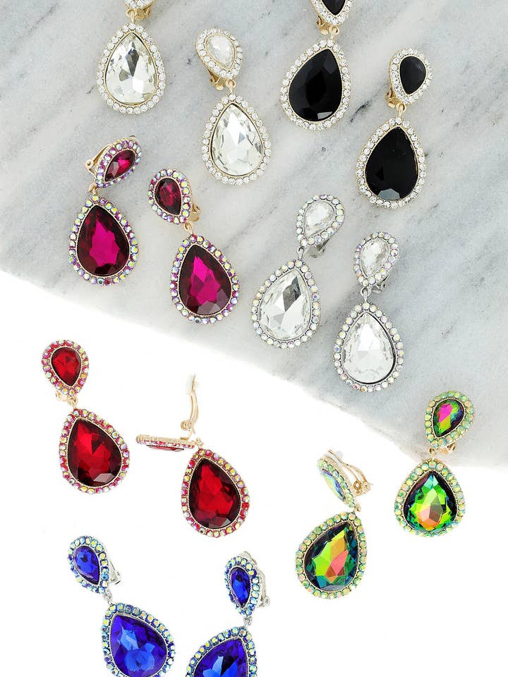 Dangly Teardrop Gem Clip-On Earrings for wholesale by SP Sophia Collection