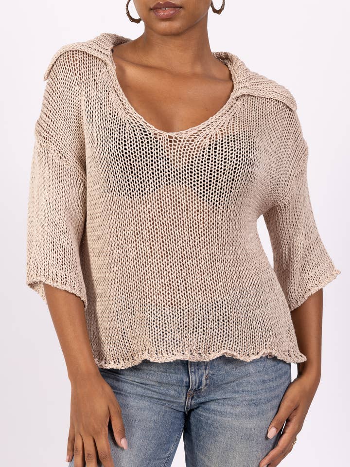 Large Knit Pullover with 3/4 Sleeve Collar Shirt for wholesale by L'Emotion