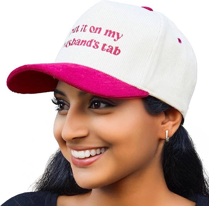 Funky Junque - Wholesale Baseball Cap - Unisex - Two Tone Corduroy Hat: Put It on My Husbands Tab - Red/Beige3