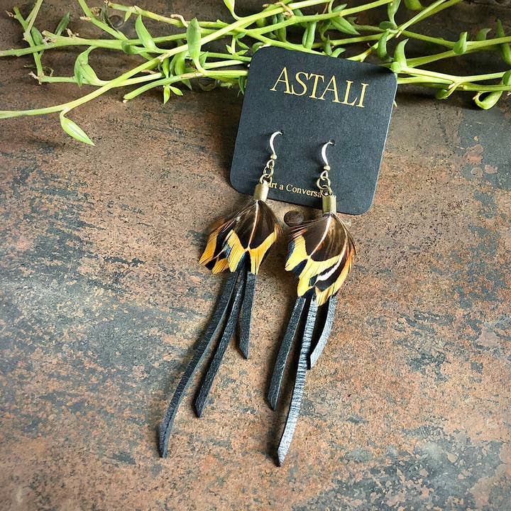 Feather Mini Earrings - Black Leather & Pheasant Feathers for wholesale by ASTALI