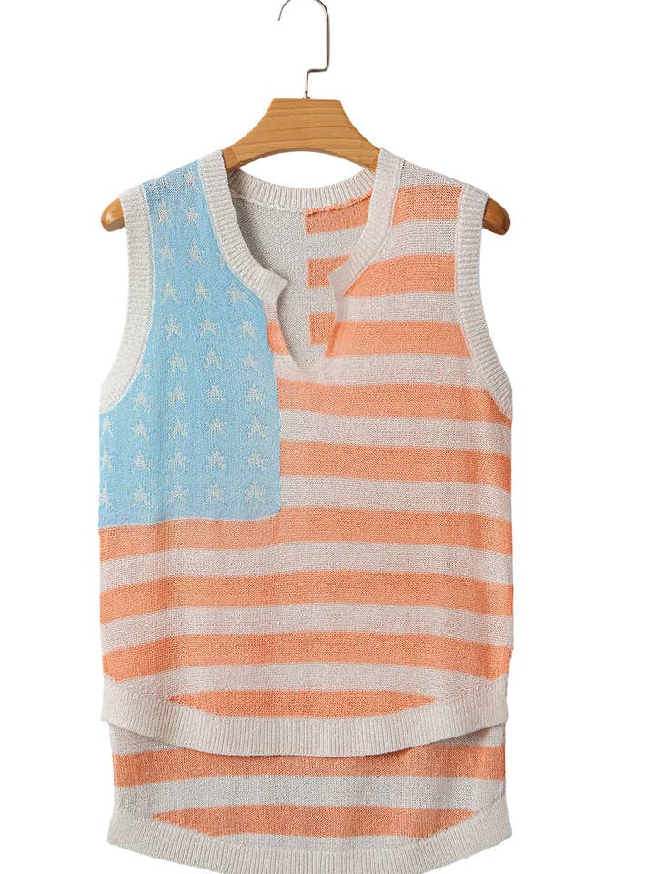 Beige USA Flag Notched Neckline Loose Sweater Vest for wholesale on Faire17