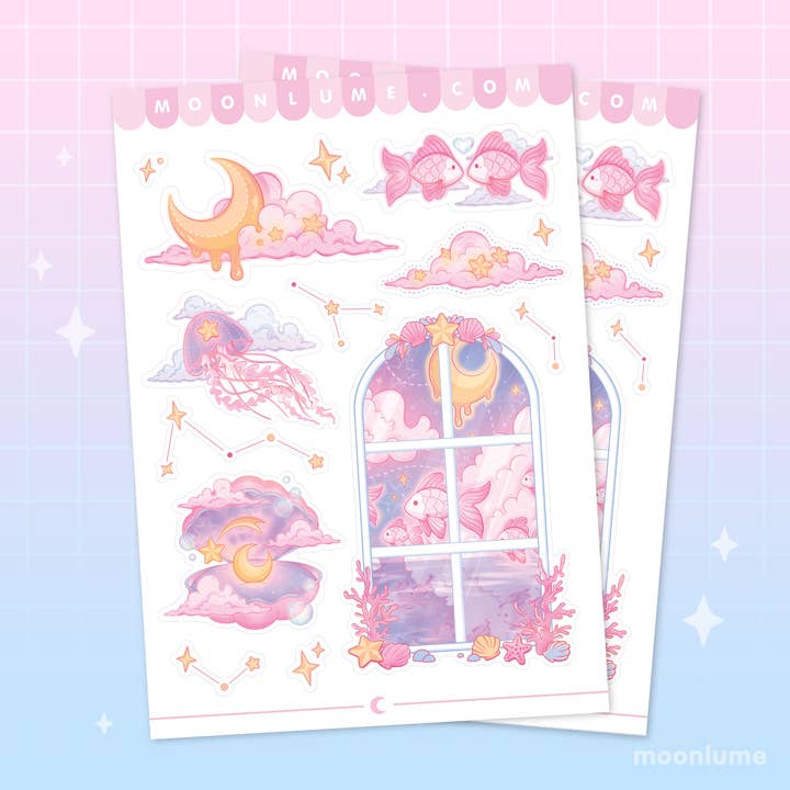 Cosmic Moon Sea Life vinyl and waterproof A6 sticker sheet for wholesale by Moonlume
