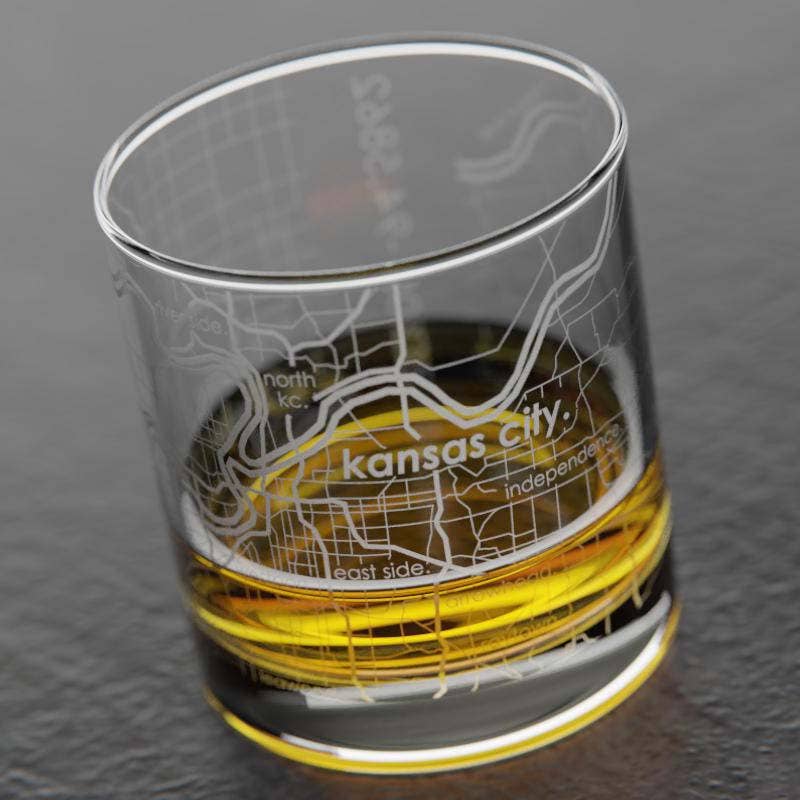 Well Told - Wholesale Cocktail/Liquor Glass - Kansas City, MO City Map - Etched Whiskey Rocks Glass2