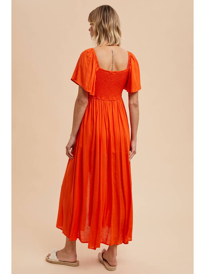 In Loom - Wholesale Dress - Women's - LINEN TENCEL FLUTTER SLEEVE MAXI DRESS WITH GOLD NOTCH