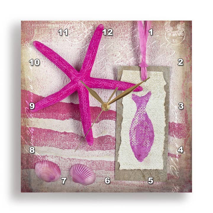 3dRose, Marine Collage Painting With Pink Starfish, Wall Clock for wholesale by 3dRose