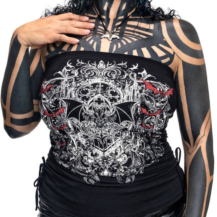 Rhinestone Cathedral Bats Y2K Tube Top for wholesale by Wicked Misfit