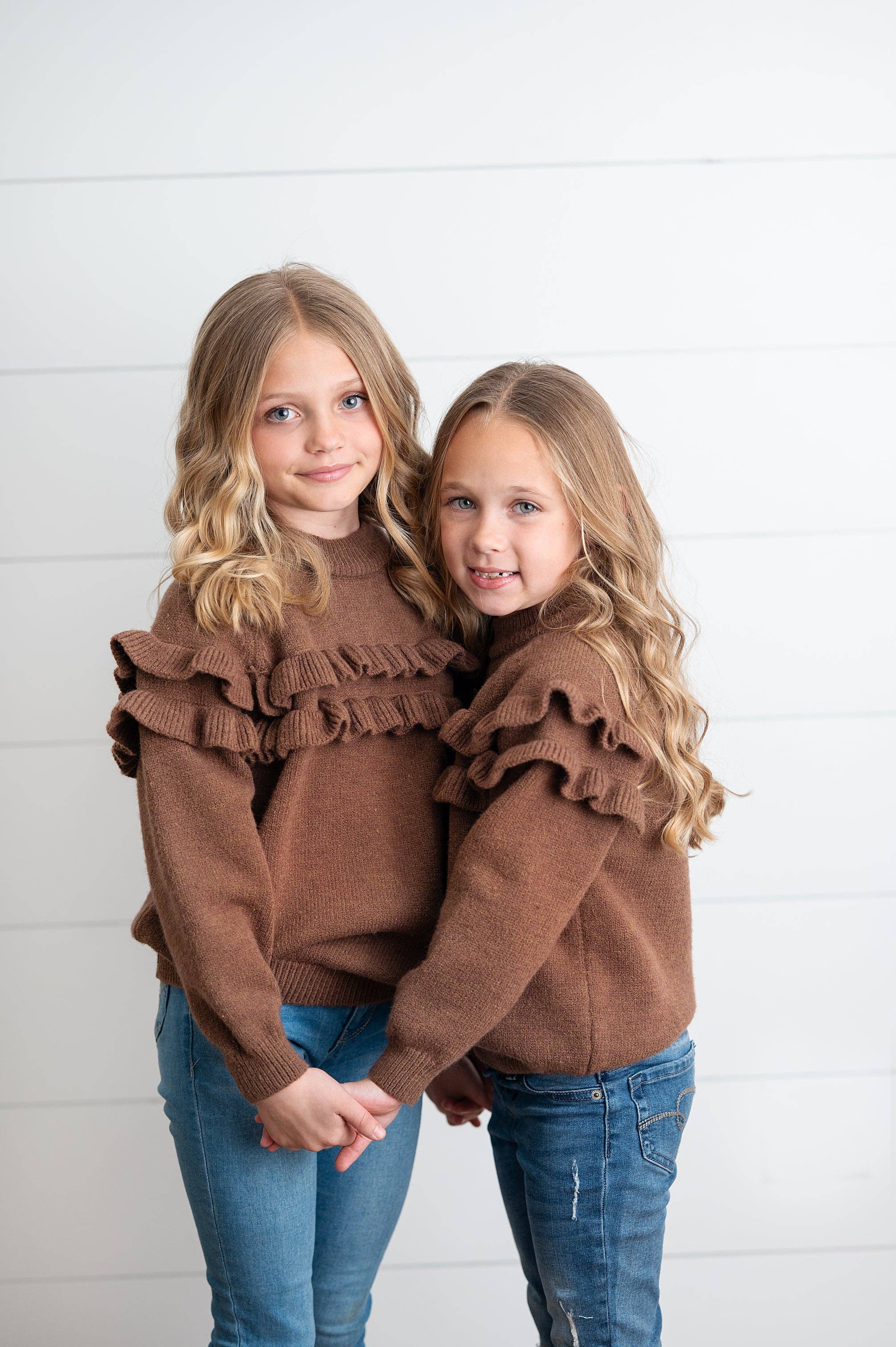 Oopsie Daisy - Wholesale Knit Sweater - Kids - Kids Chocolate Double Ruffle Crew Neck Fall Winter Sweater