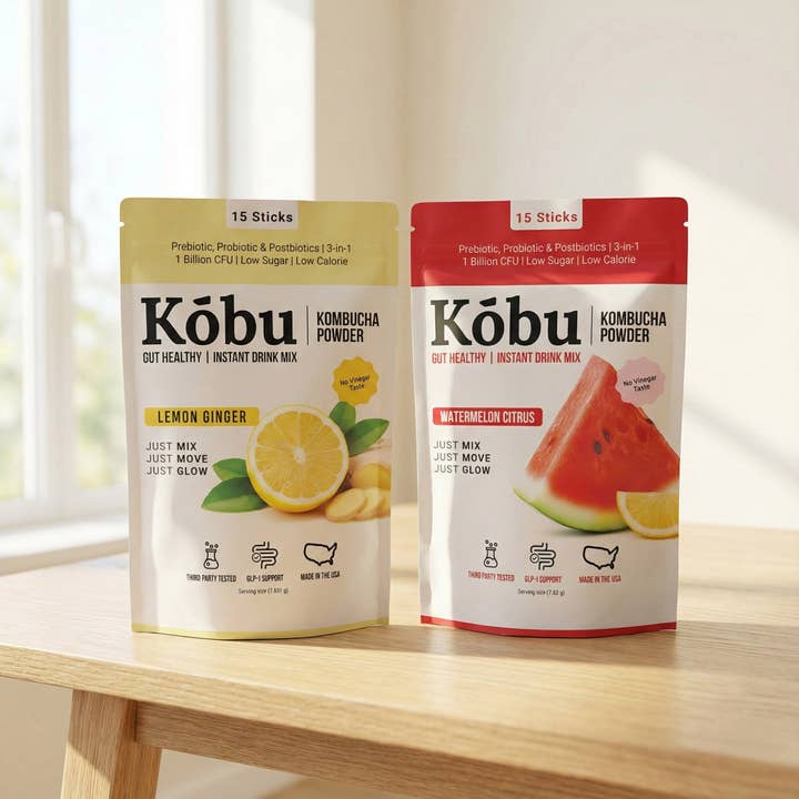 Kōbu Kombucha Poeder – Watermeloen Citrus & Citroen Gember (30 Sticks) | GLP-1 Ondersteuning | Pre + Pro + Postbiotica voor wholesale door Kōbu Kombucha