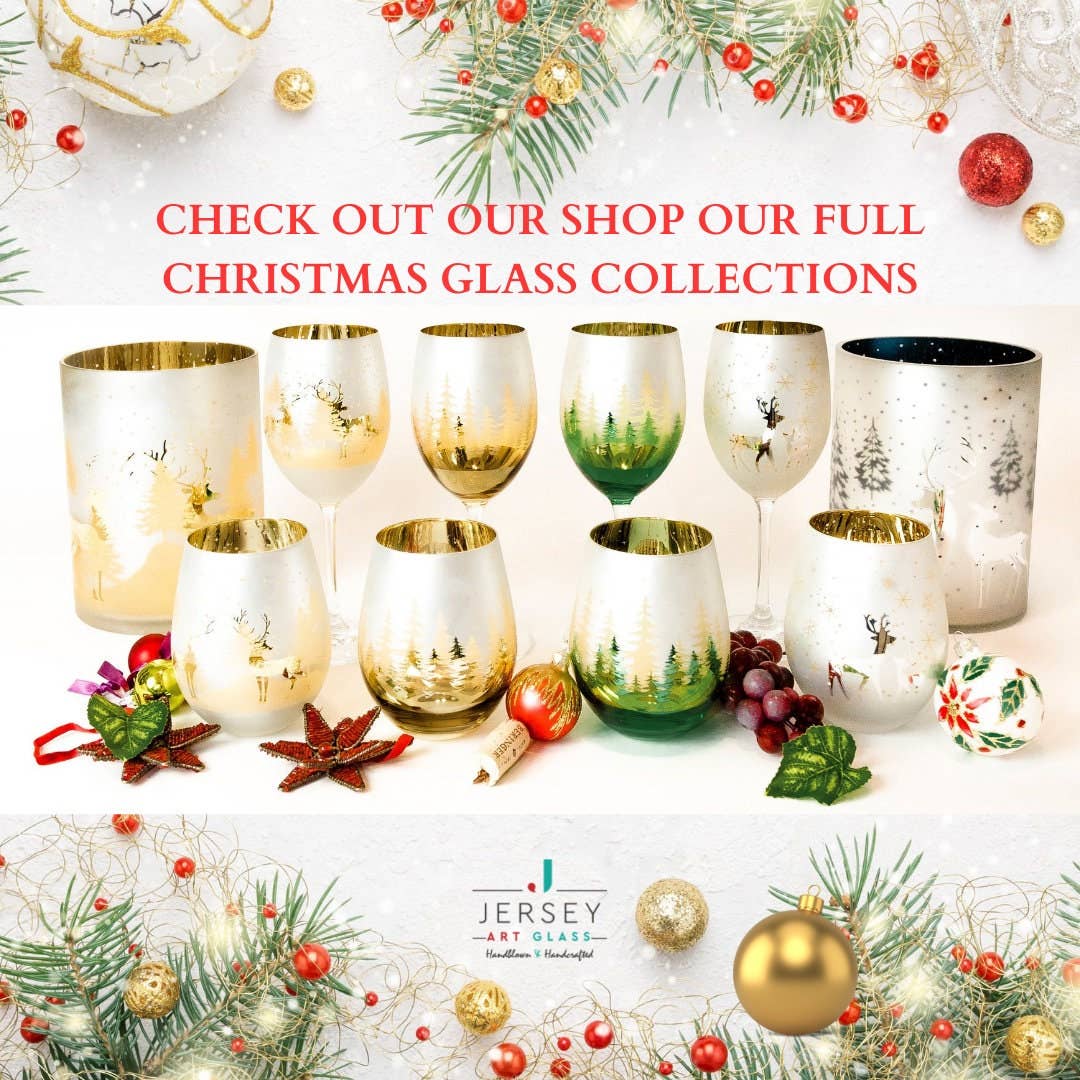 Jersey Art Glass - Wholesale Wine Glass - Gold Christmas Stemless Wine (Set of 2)4