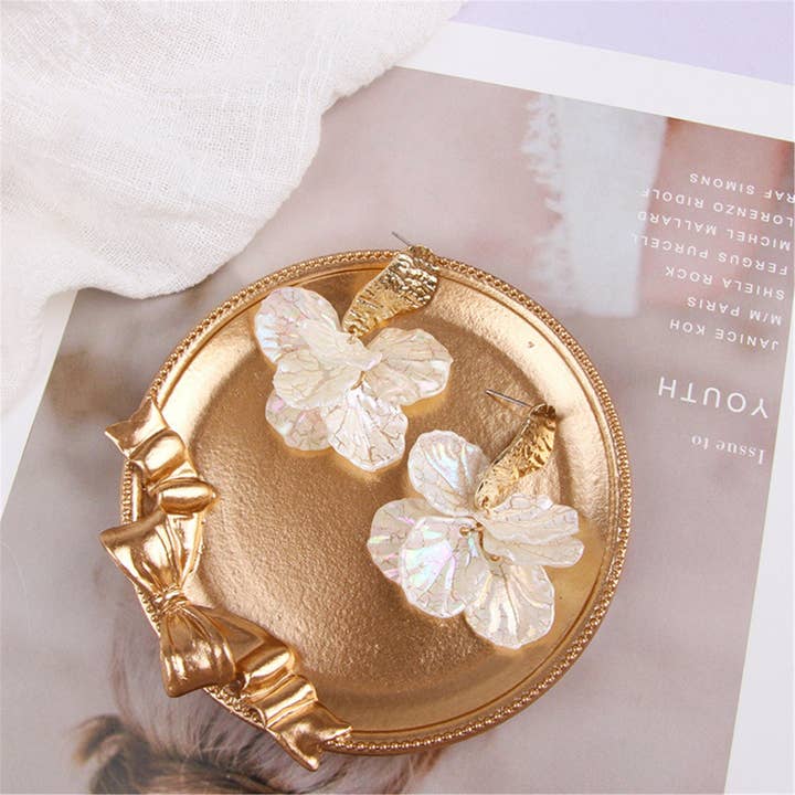 Perimade & Co. LLC – wholesale Dangle earrings – White Cracked Shell Flower Petal Earrings in Stainless Steel7