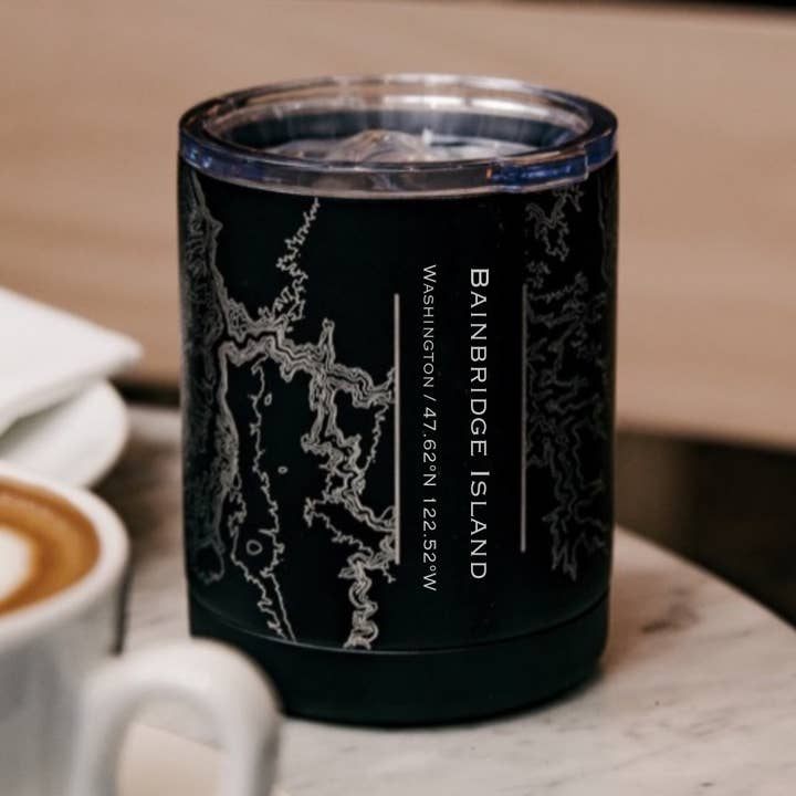 Bainbridge Island WA Map Insulated Cup in Matte Black for wholesale by JACE.design
